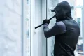 Man, criminal and crowbar for house crime, home invasion and breaking entering attempt with tool.